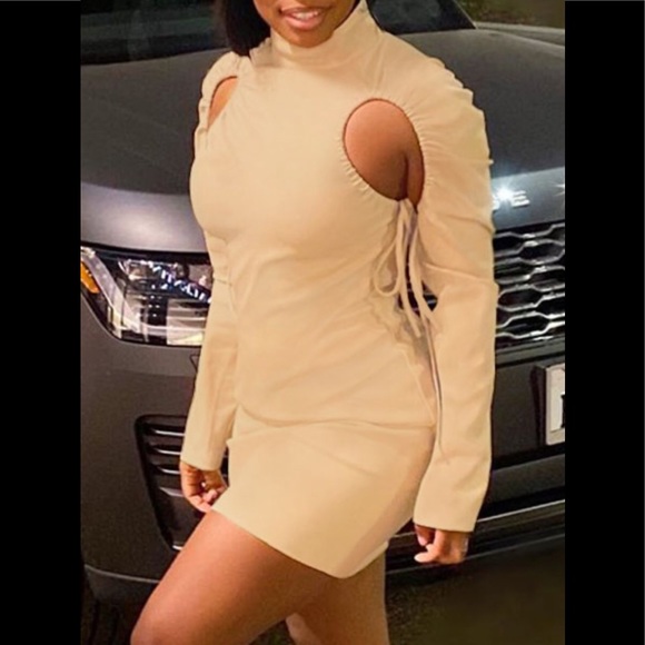 Unique 1 Of A Kind khaki Drawstring Ties Ruched Open Armpits Sexy Mini Dress - Picture 1 of 7